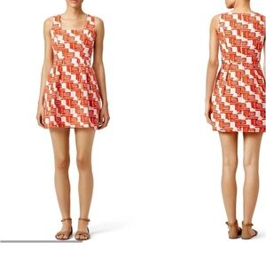 Shoshanna square neck orange and white patterned mini dress. Size 8